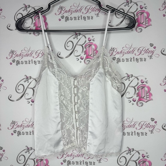 La Vie En Rose Tops - La vie en rose tank top camisole buttons shiny shimmer Lace Trim White Cami Top
